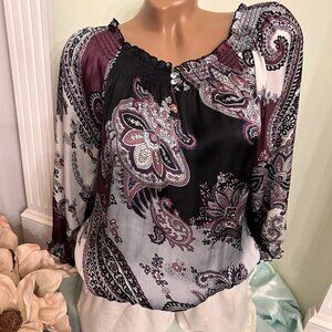 New Directions. Size S. Poly Blouson Peasant Paisley Raglan 3/4 Sleeves. B92